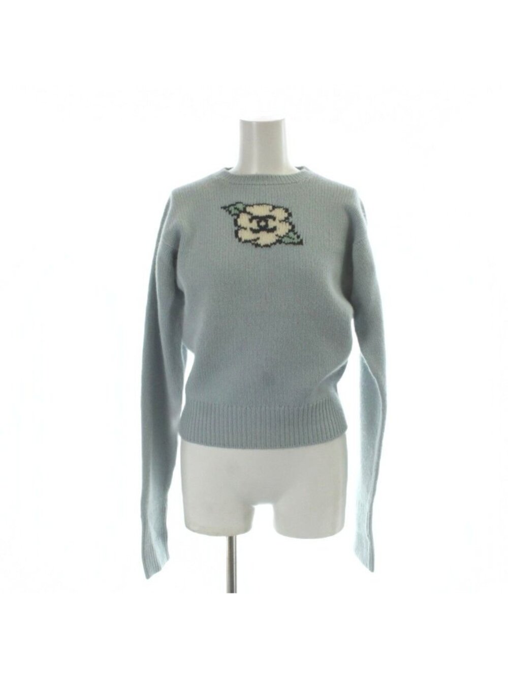 Chanel Vintage Cashmere Knit Sweater Camellia CC Logo Long Sleeve 40 M Blue